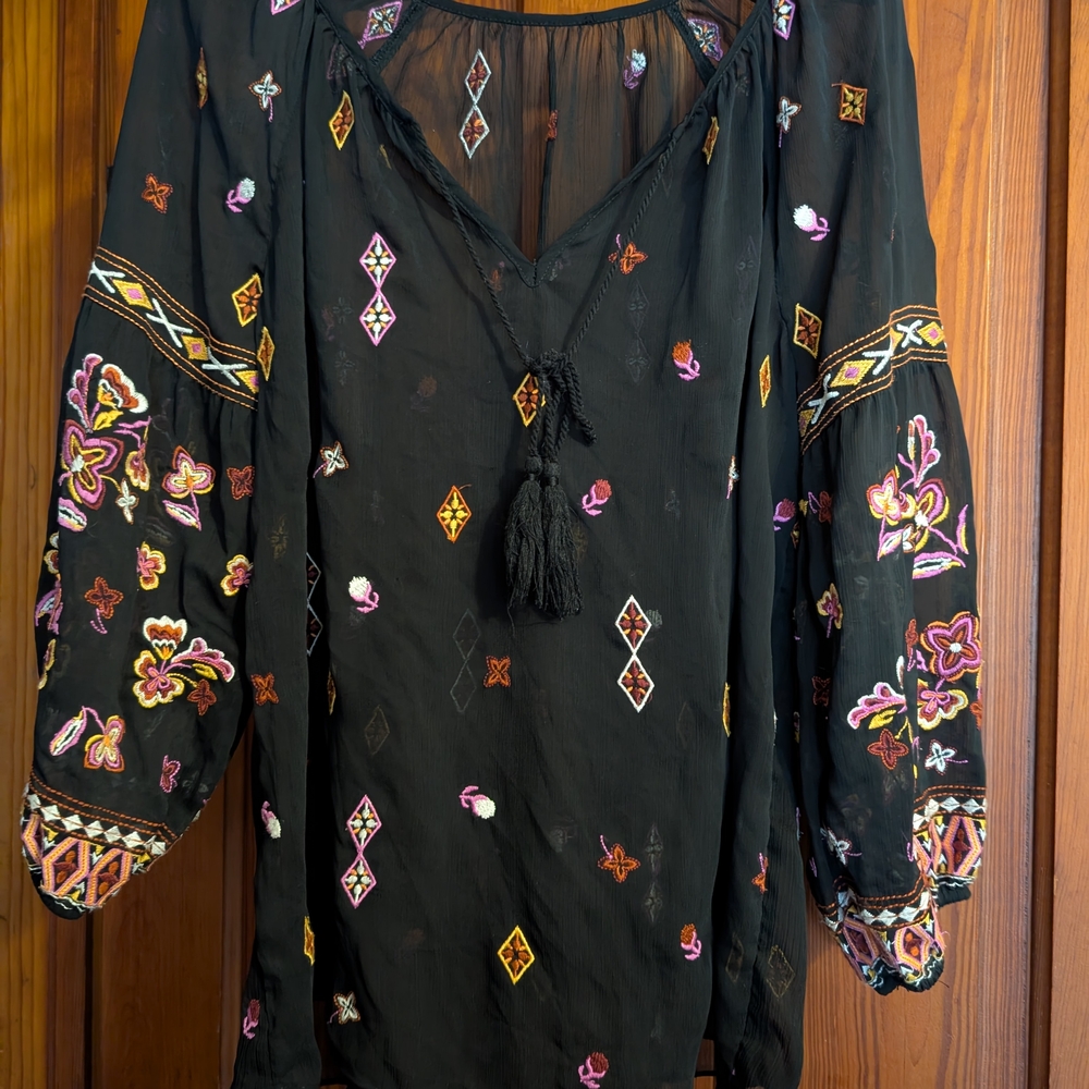 Embroidered Black Blouse with Multicolor Accents